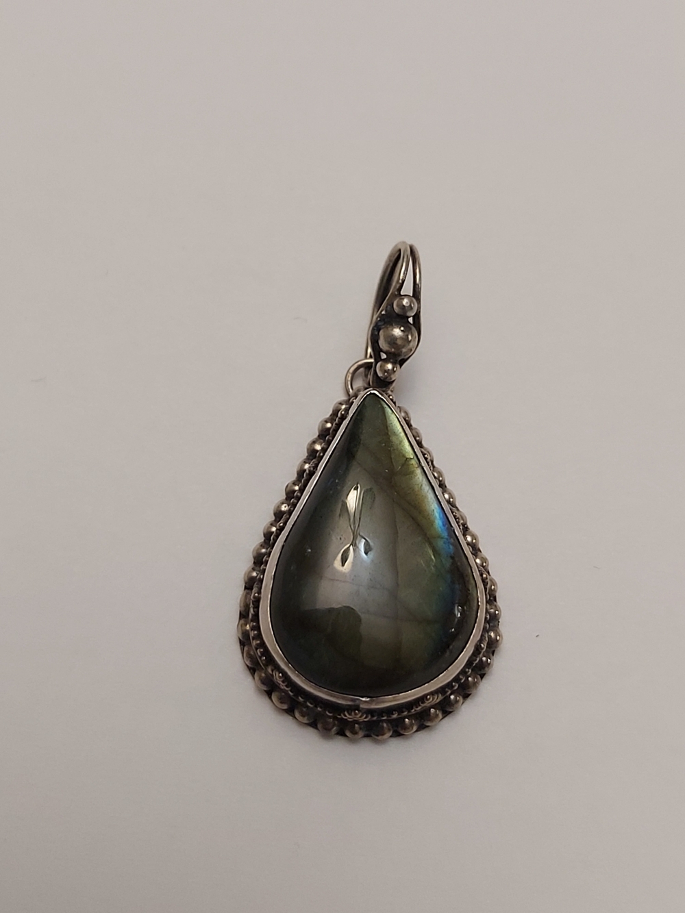Silver Labradorite Teardrop Pendant Necklace - Iridescent Green